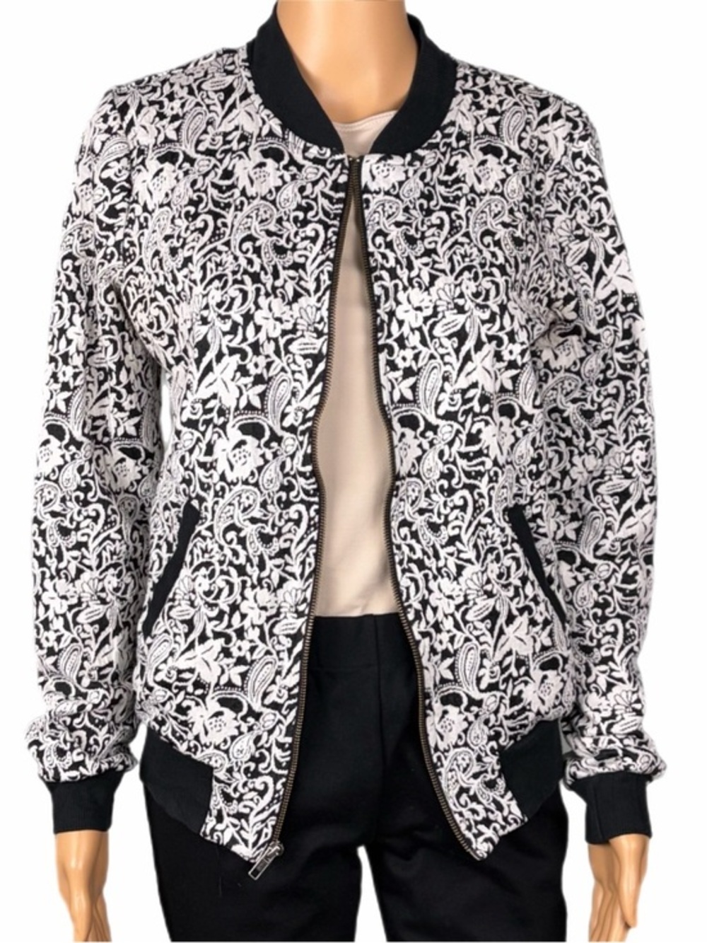 MICHAEL STARS black and off-white “Tapestry Jersey Ivory” bomber jacket Small